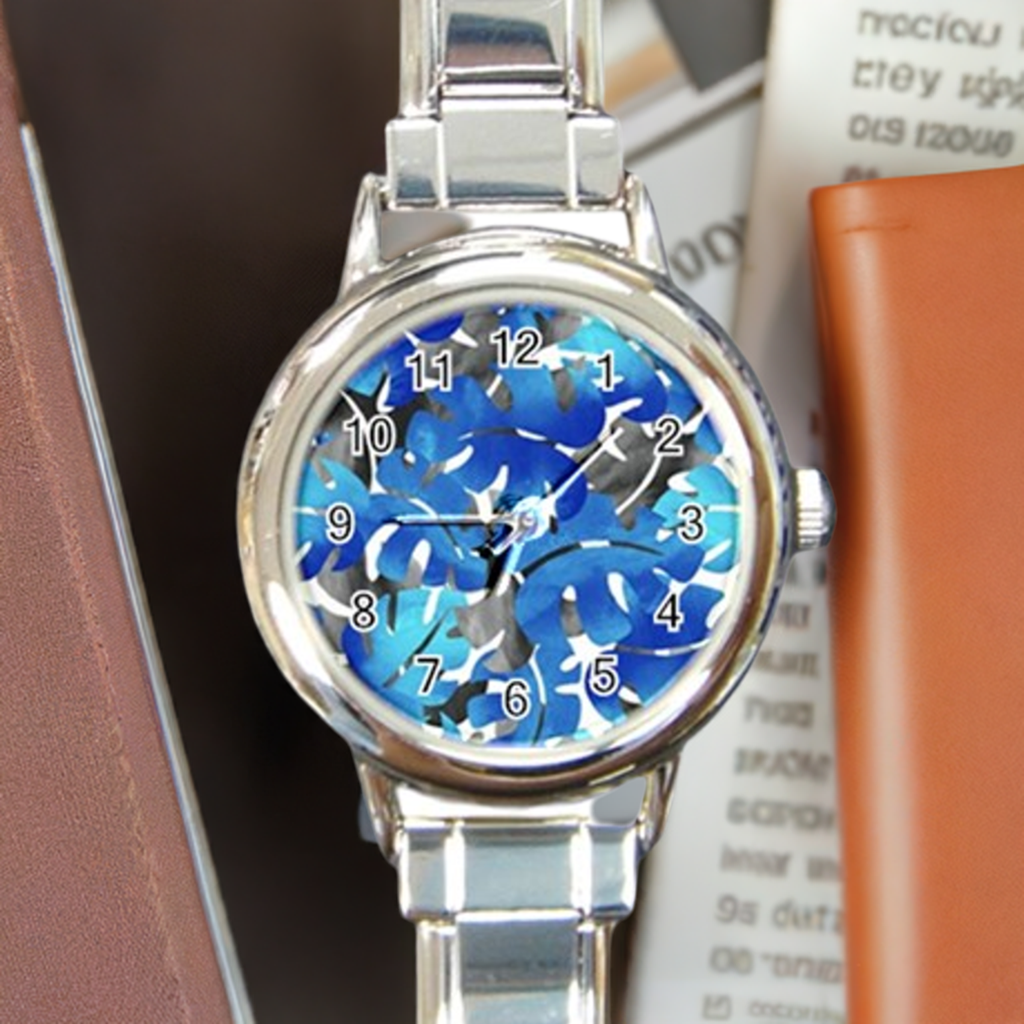 Round Italian Charm Watch Tropical Blues Leaves