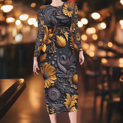 Gold Flowers Woodcut Women Bodycon Midi Sheath Dress