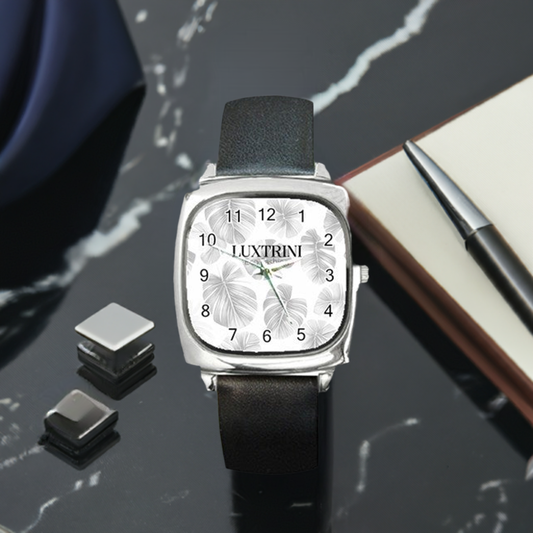 White Monstera Square Metal Watch