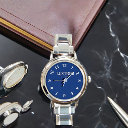 Round Italian Charm Watch - Classic Blue, Customizable Face, Adjustable Stainless Steel Band