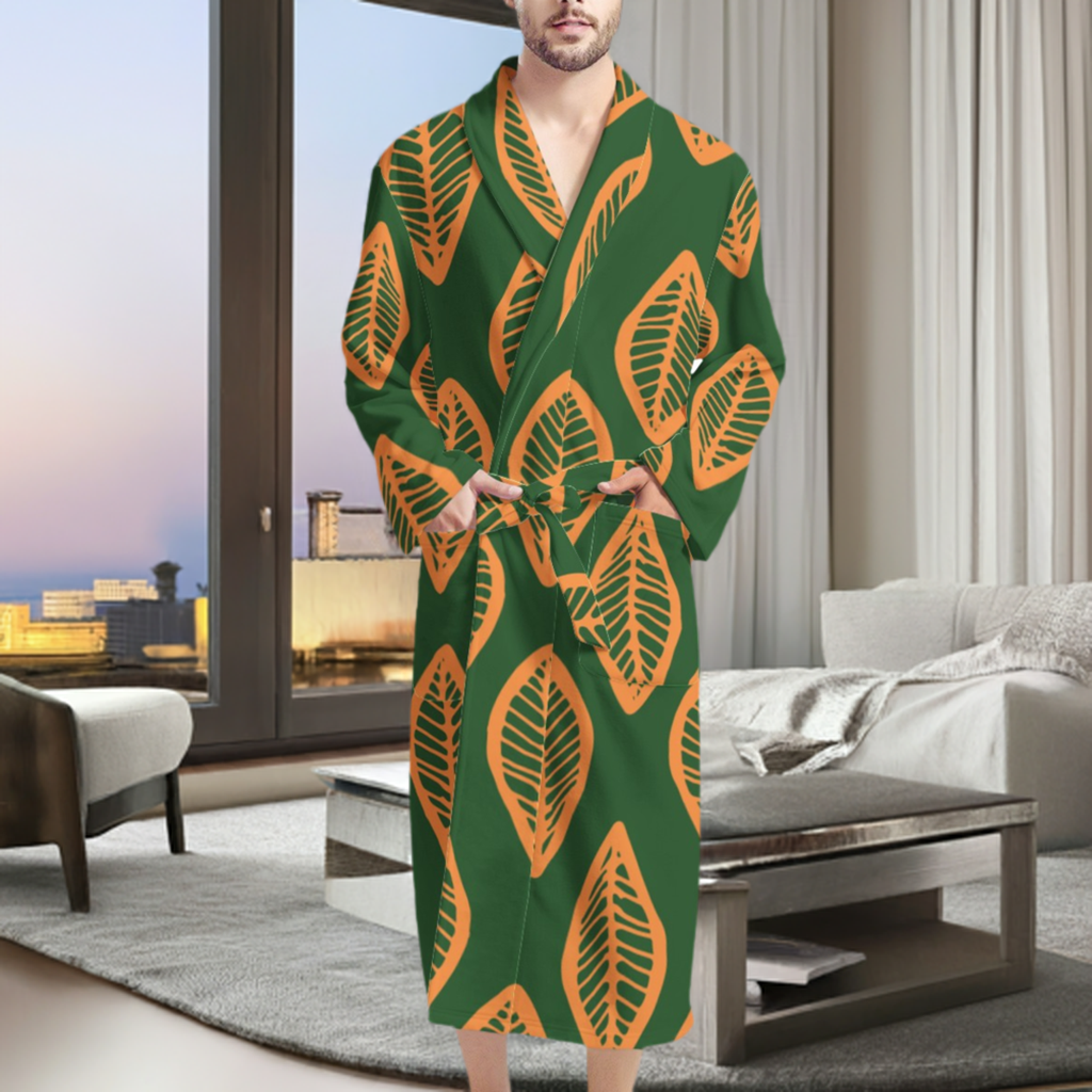 African | Ethnic | Mudcloth | #16 Green and Orange Men's Bathrobe