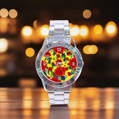 Red Flowers on Yellow Stainless Steel Analogue Watch