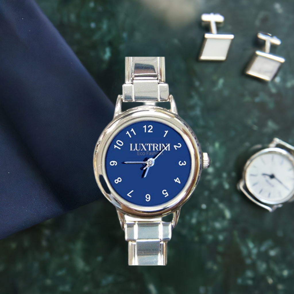 Round Italian Charm Watch - Classic Blue, Customizable Face, Adjustable Stainless Steel Band