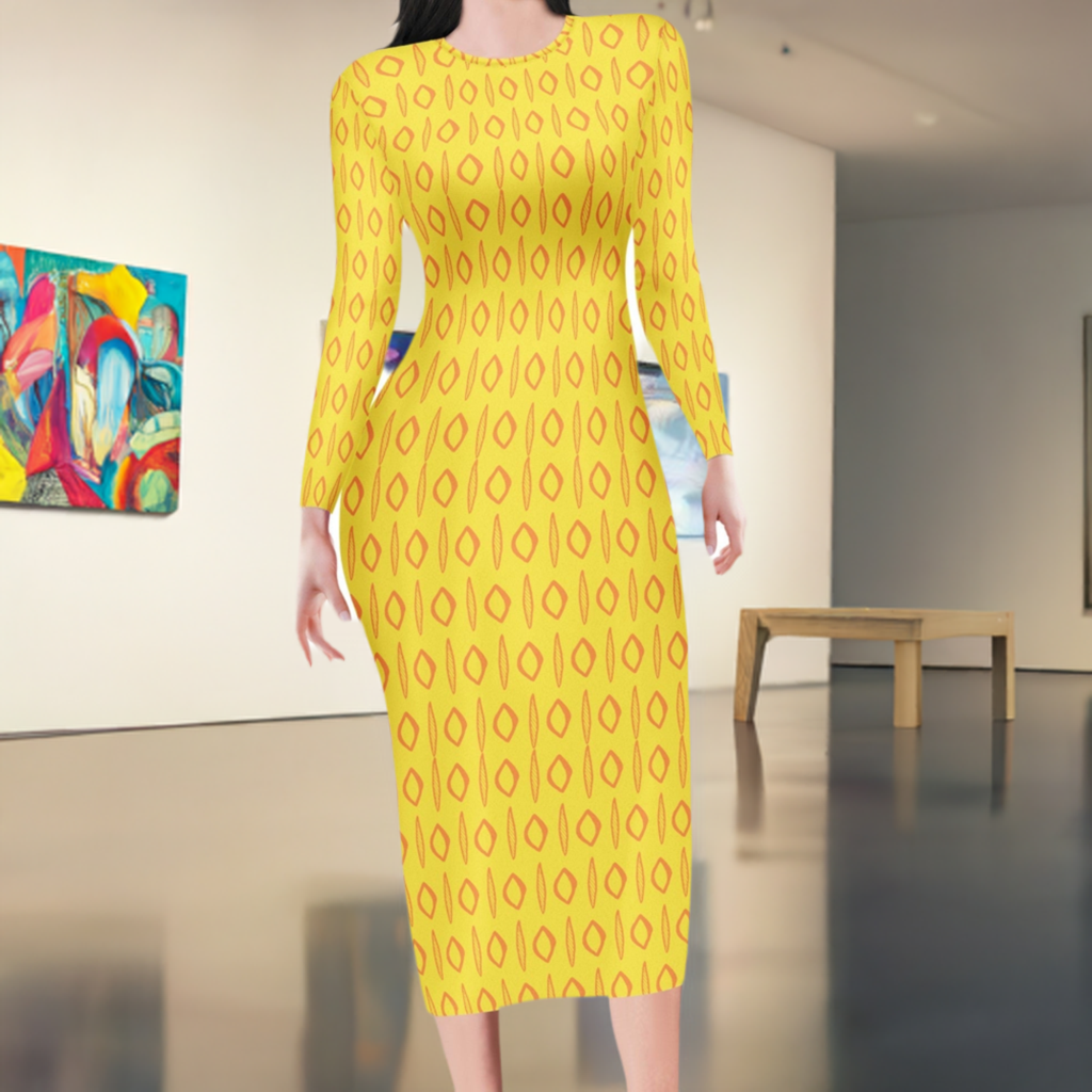 African | Ethnic | Mudcloth | Yellow Women Bodycon Midi Sheath Dress - up to 4XL