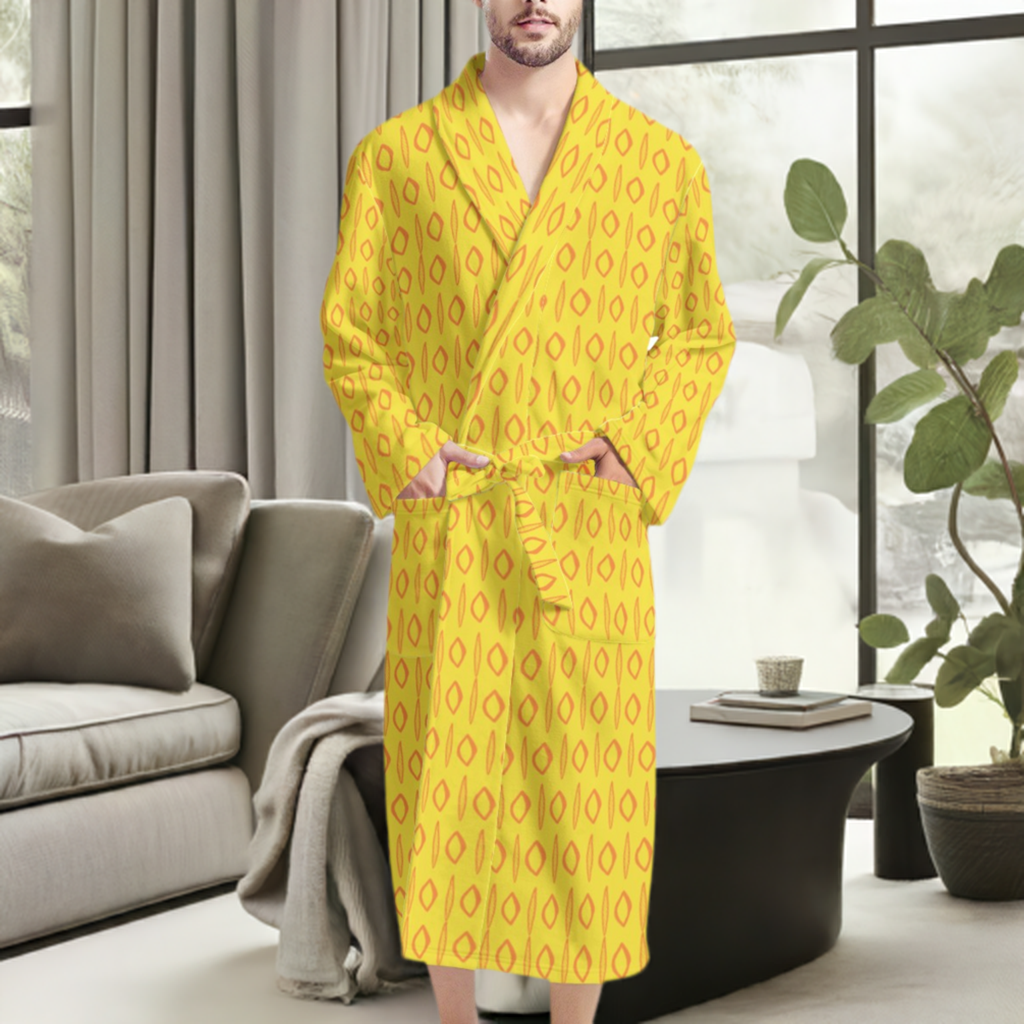 African Ethnic  Mudcloth #14 Yellow Men's Bathrobe