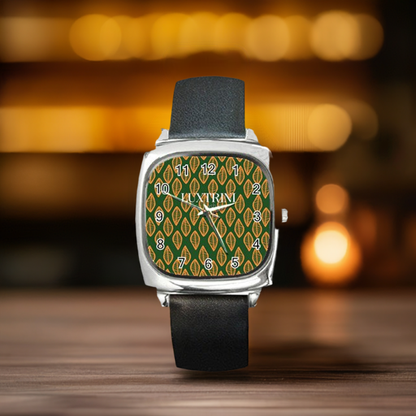 African | Ethnic | Mudcloth | #16 Green and Orange Square Metal Watch