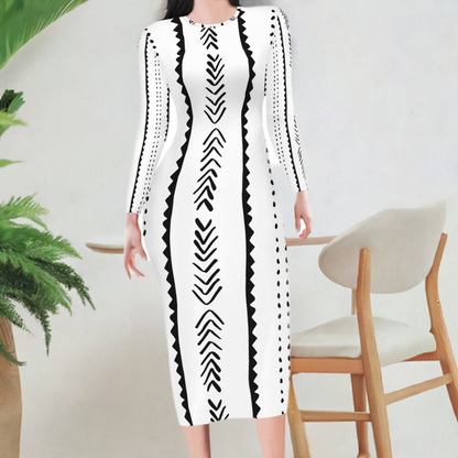 Ethnic Mudcloth White Black Bodycon Midi Sheath Dress Up to 4XL