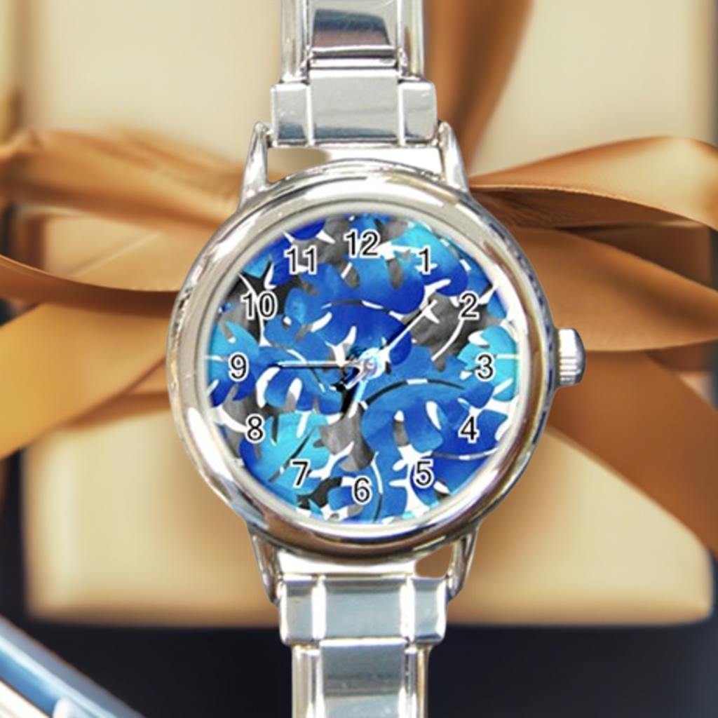 Round Italian Charm Watch Tropical Blues Leaves