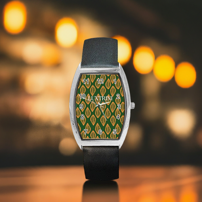 African | Ethnic | Mudcloth | #16 Green and Orange Barrel Style Metal Watch