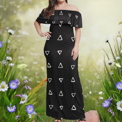 African Ethnic Mudcloth Black and White Women Off Shoulder Maxi Dress - Sizes up to 7XL