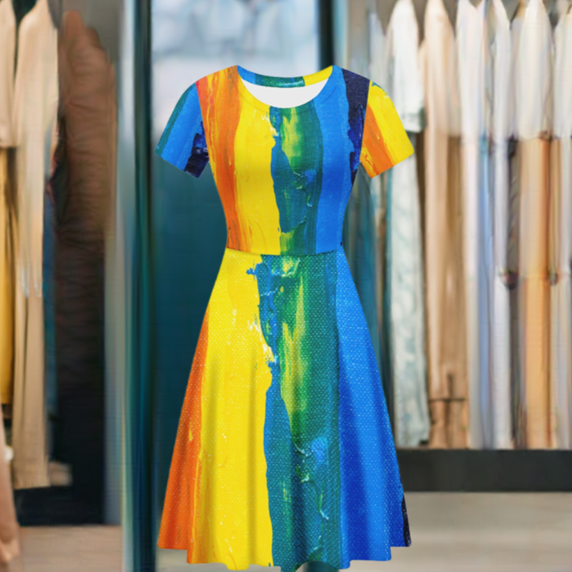 Rainbow Painting Women Scoop Neck Ruffle Dress