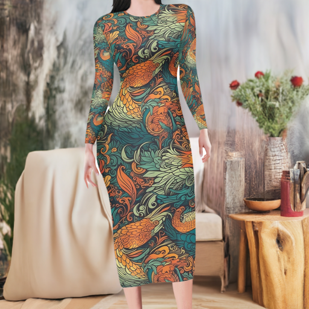 Our Exquisite Dragon and Phoenix Women Bodycon Midi Sheath Dress