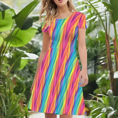 Rainbow Chevron Women Scoop Neck Short Sleeve Ruffle Dress