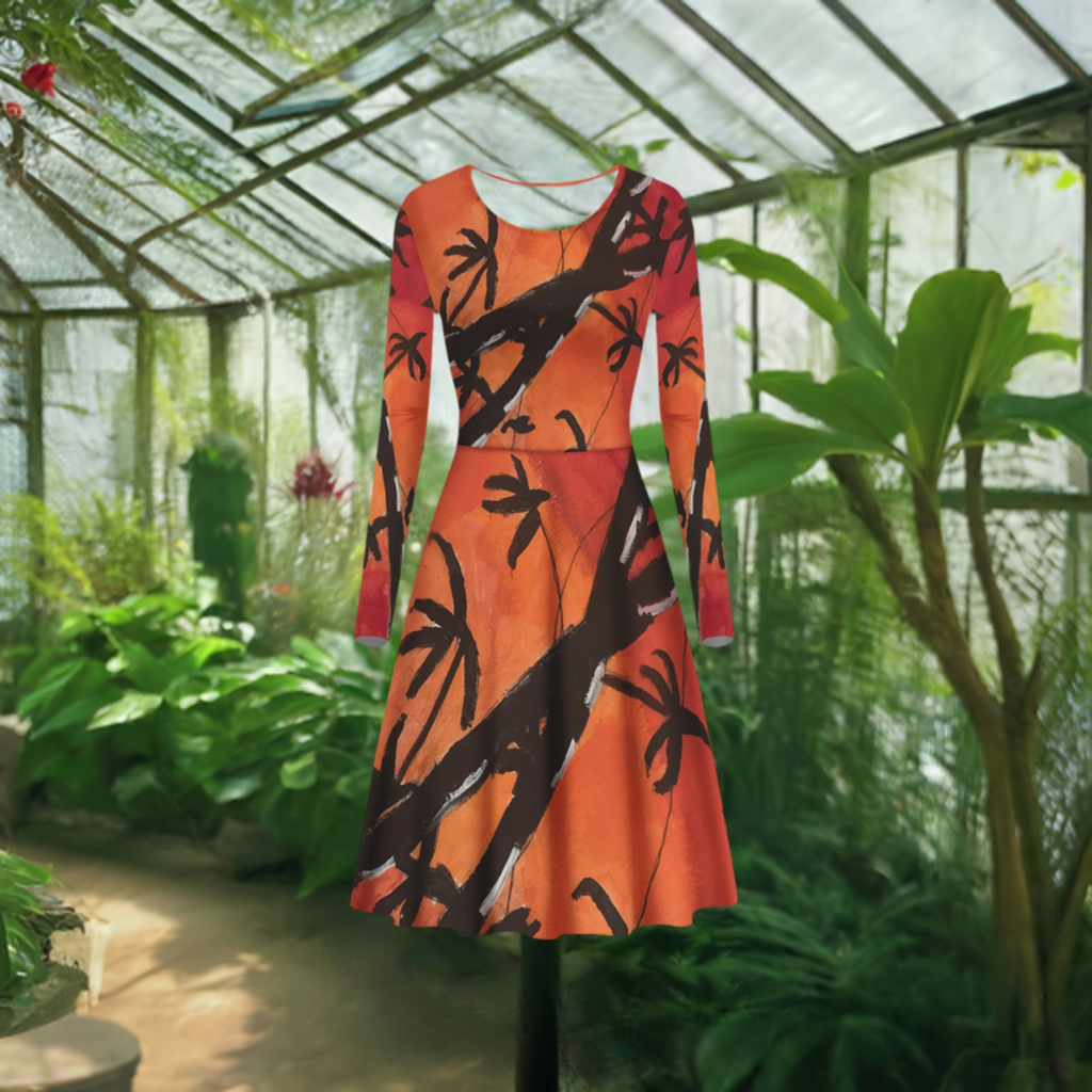 Bamboo at Sunset Women Scoop Neck Long Sleeve Ruffle Dress