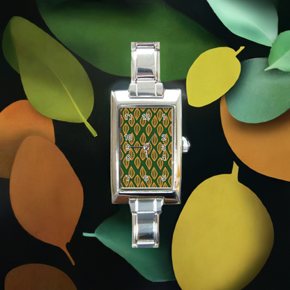 African | Ethnic | Mudcloth | #16 Green and Orange Rectangle Italian Charm Watch