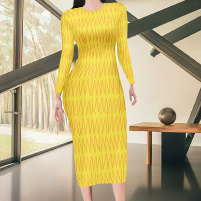 African | Ethnic | Mudcloth | Yellow Women Bodycon Midi Sheath Dress - up to 4XL