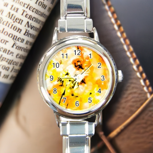 Round Italian Charm Watch Yellow Hibiscus Impressionist