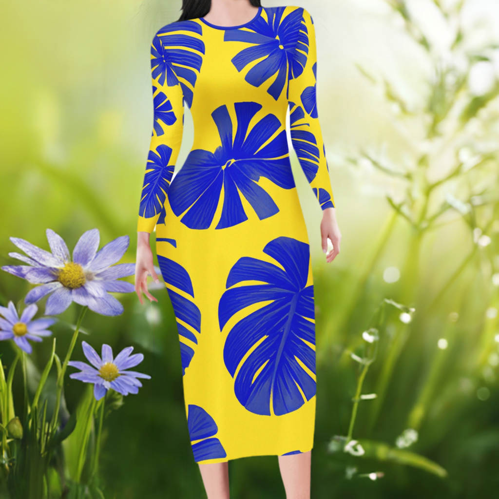 Blue Monstera on Yellow Women Bodycon Midi Sheath Dress - up to 4XL - Perfect for Special Occasions