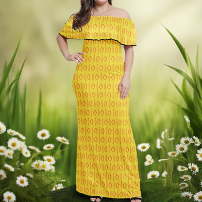 African Ethnic Mudcloth Yellow Women Off Shoulder Maxi Dress - Sizes up to 7XL