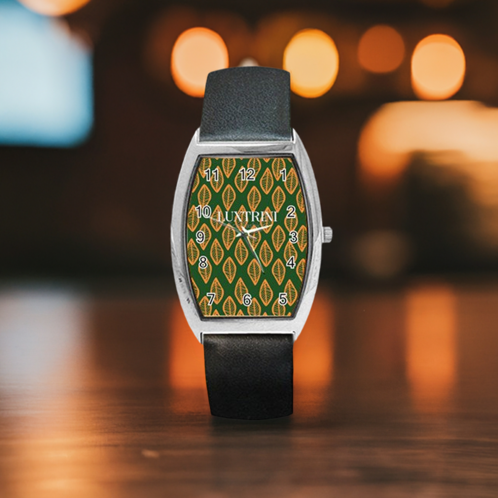 African | Ethnic | Mudcloth | #16 Green and Orange Barrel Style Metal Watch