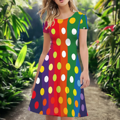 Rainbow Polka Women Scoop Neck Short Sleeve Ruffle Dress