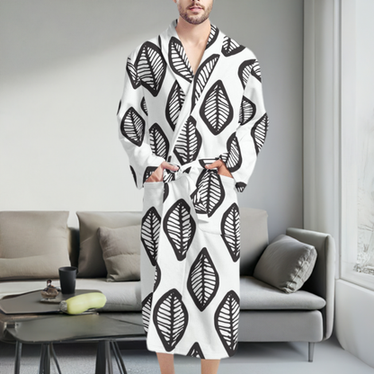 African | Ethnic | Mudcloth | #16 Black and White Men's Bathrobe