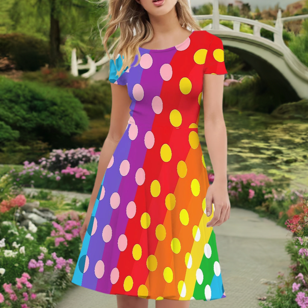 Rainbow Polka Dot Women Scoop Neck Short Sleeve Ruffle Dress