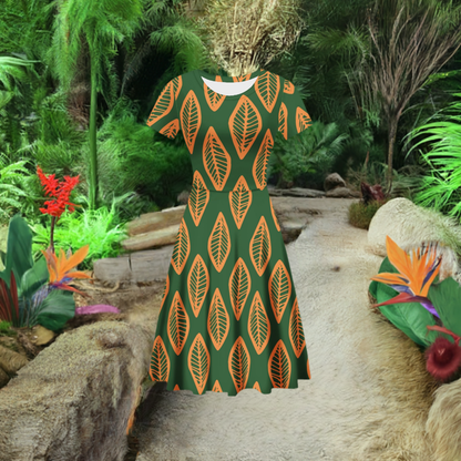 African | Ethnic | Mudcloth | #16 Green and Orange Women Scoop Neck Ruffle Dress