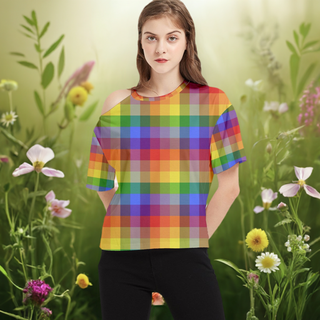 Rainbow Plaid One Shoulder Cut Out T-Shirt - Casual, Chic, and Perfect for Everyday Elegance