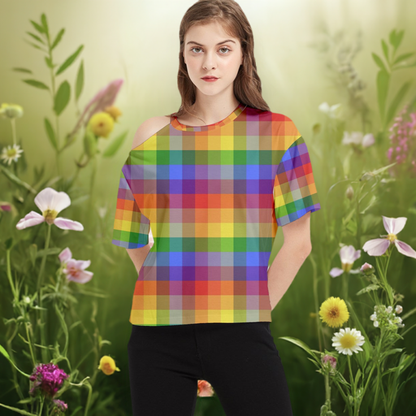 Rainbow Plaid One Shoulder Cut Out T-Shirt - Casual, Chic, and Perfect for Everyday Elegance