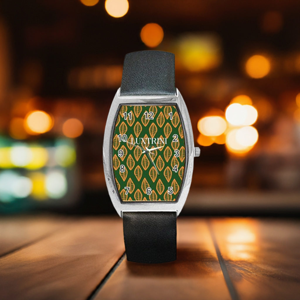 African | Ethnic | Mudcloth | #16 Green and Orange Barrel Style Metal Watch