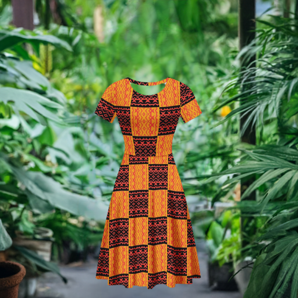 Black and Orange Tribal Design -  Women Scoop Neck Ruffle Dress