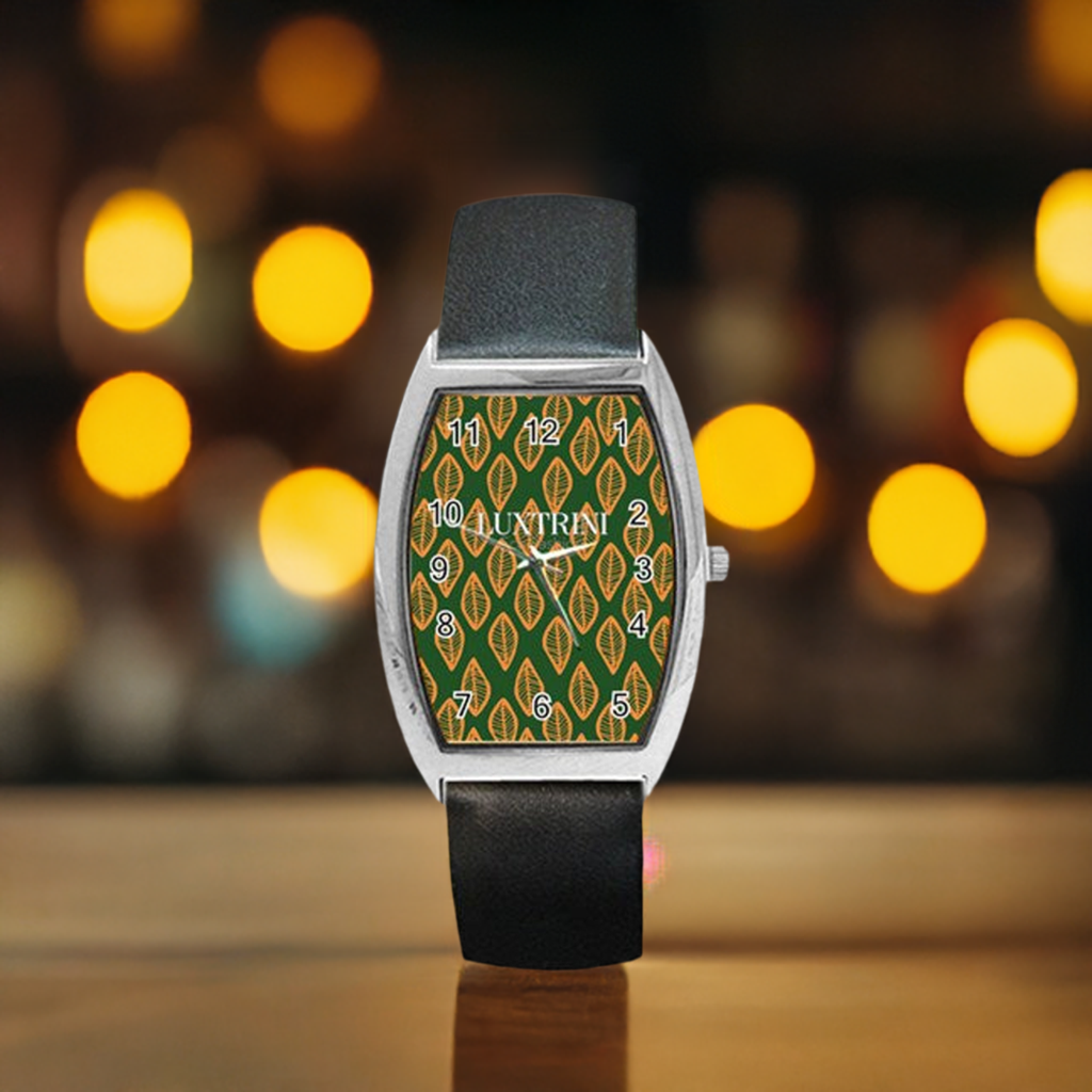 African | Ethnic | Mudcloth | #16 Green and Orange Barrel Style Metal Watch