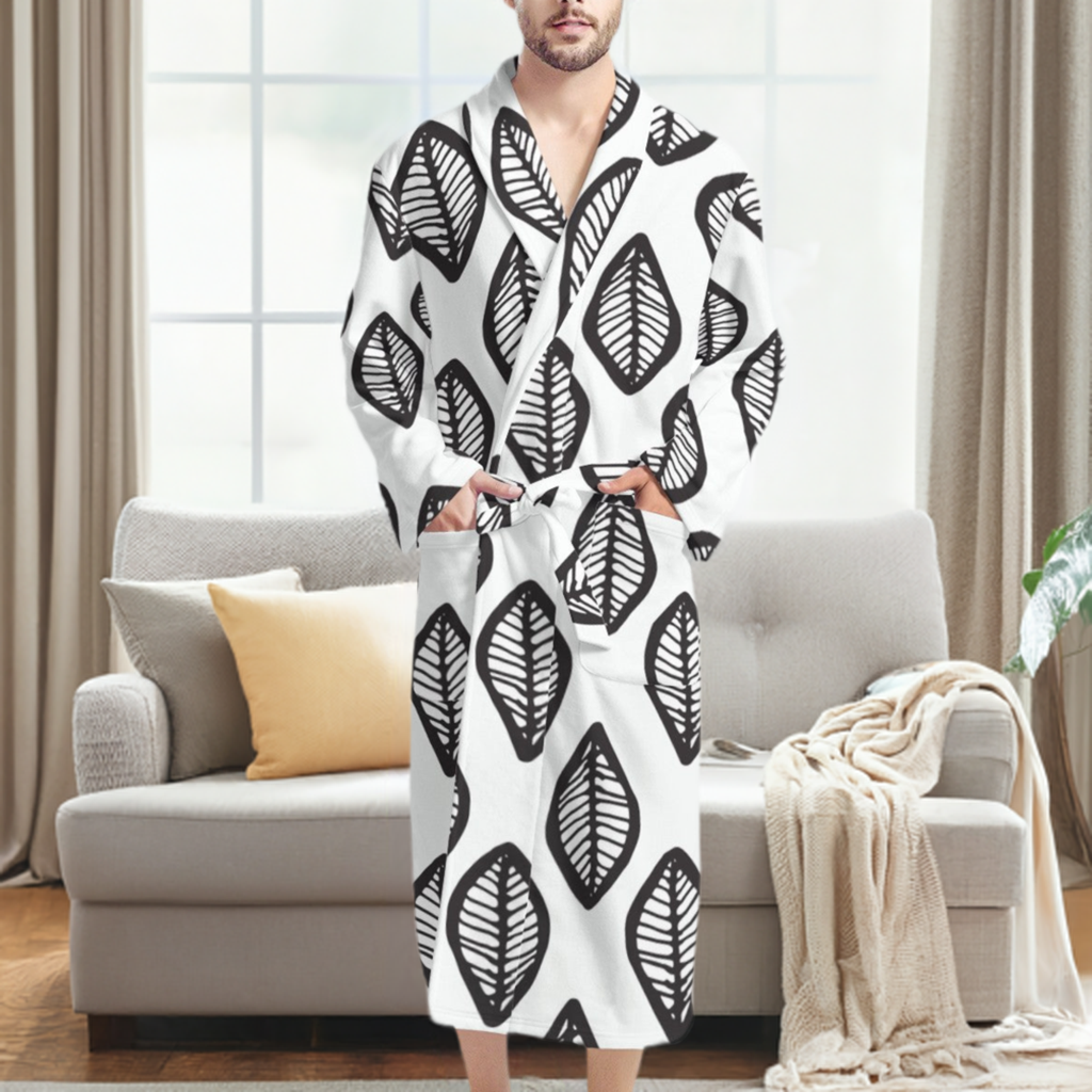 African | Ethnic | Mudcloth | #16 Black and White Men's Bathrobe