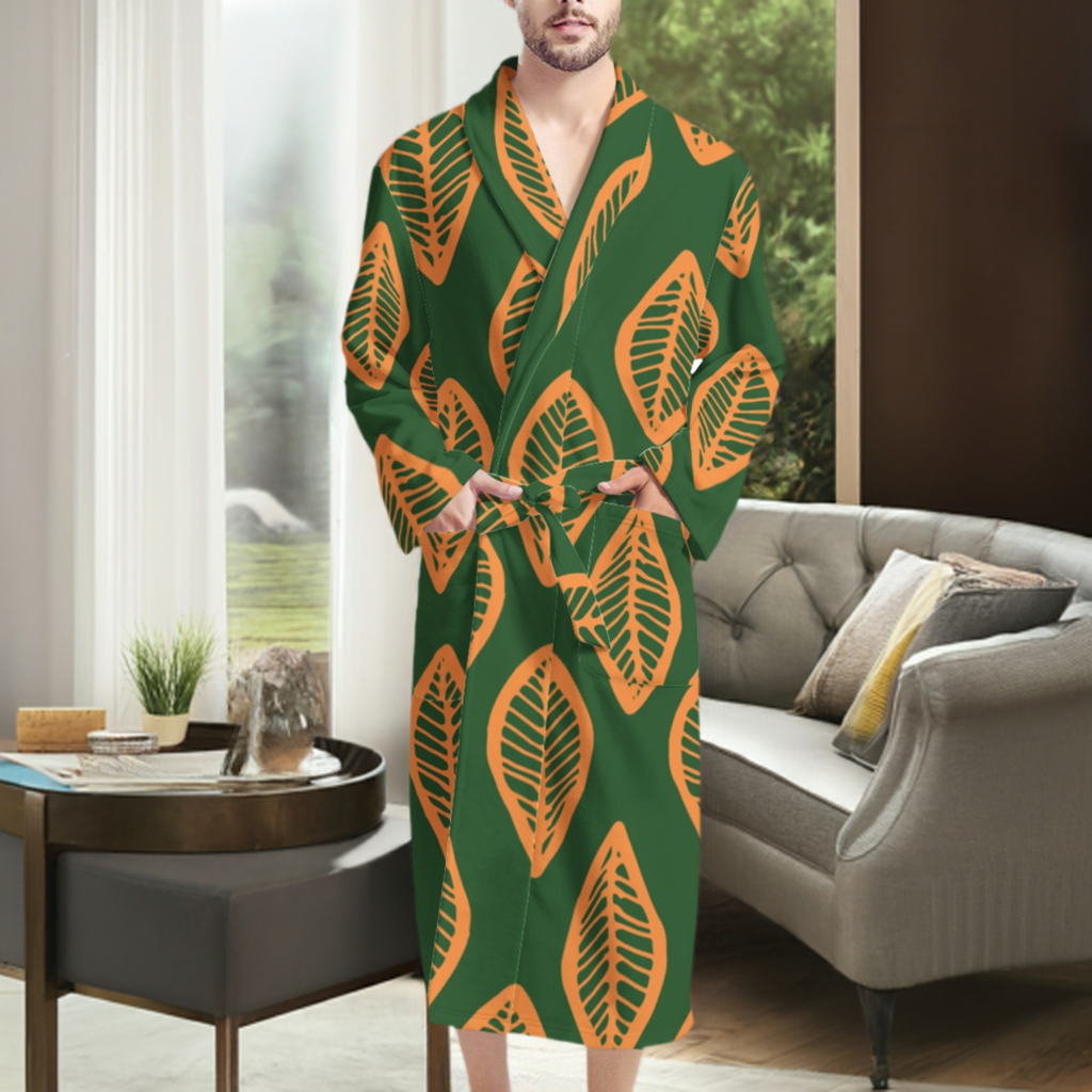 African | Ethnic | Mudcloth | #16 Green and Orange Men's Bathrobe