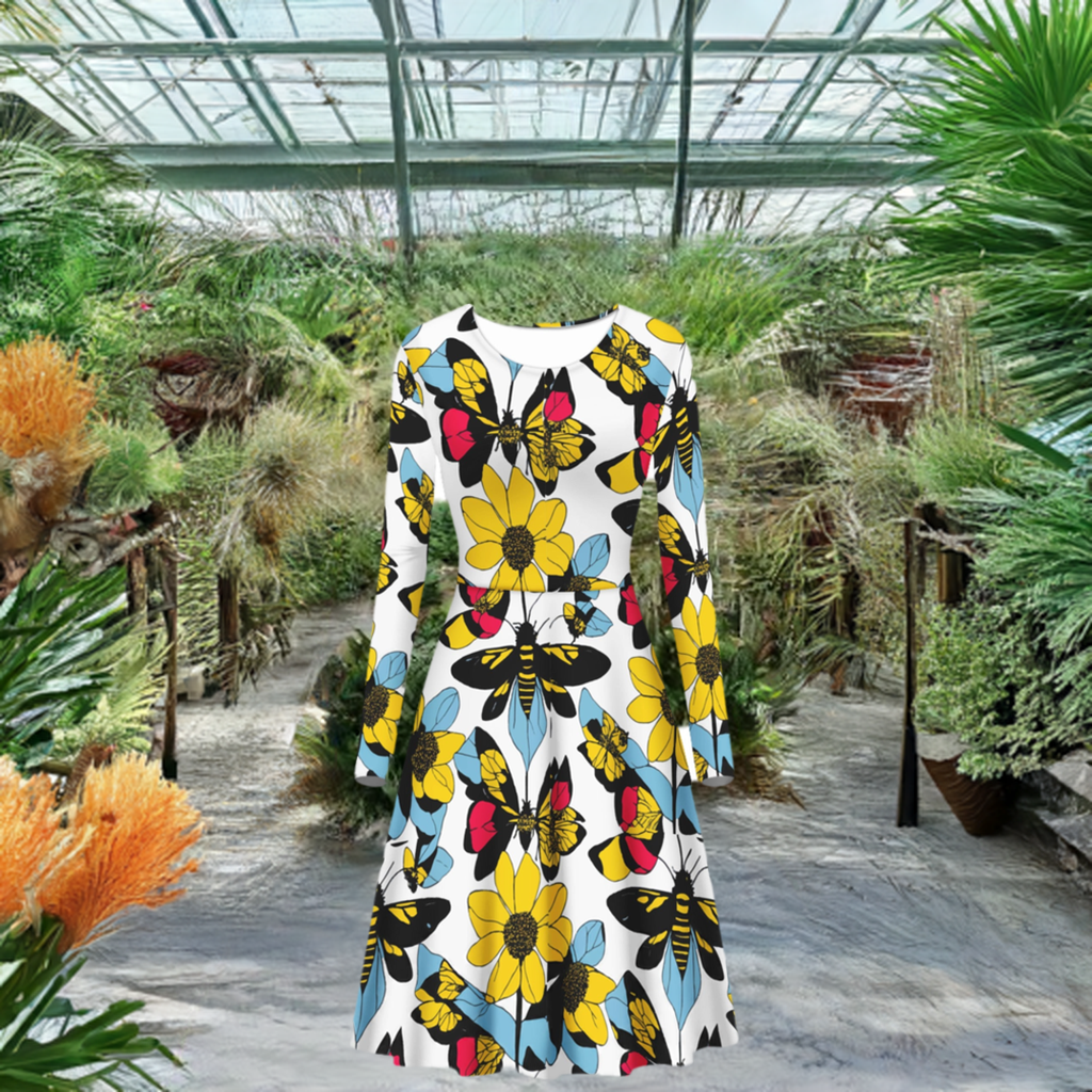 Bees and Sunflowers Long Sleeve Scoop Neck Ruffle Dress - Women's Custom Dress