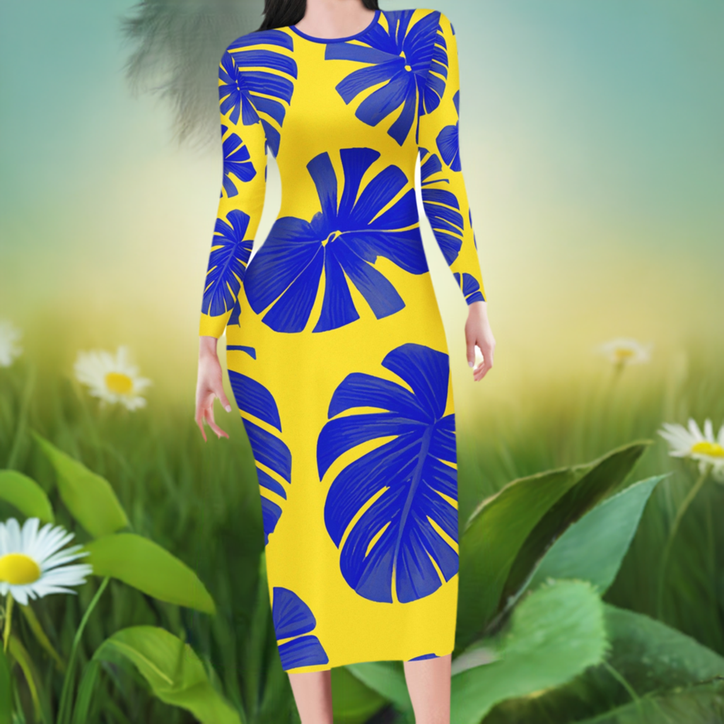 Blue Monstera on Yellow Women Bodycon Midi Sheath Dress - up to 4XL - Perfect for Special Occasions