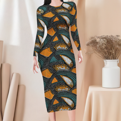 African Wave: Dark Aquamarine & Orange, Hand-Colored, Naturalistic Ocean Waves Women Bodycon Midi Sheath Dress