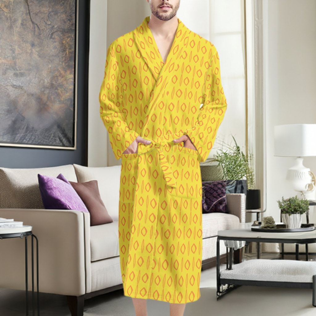 African Ethnic  Mudcloth #14 Yellow Men's Bathrobe