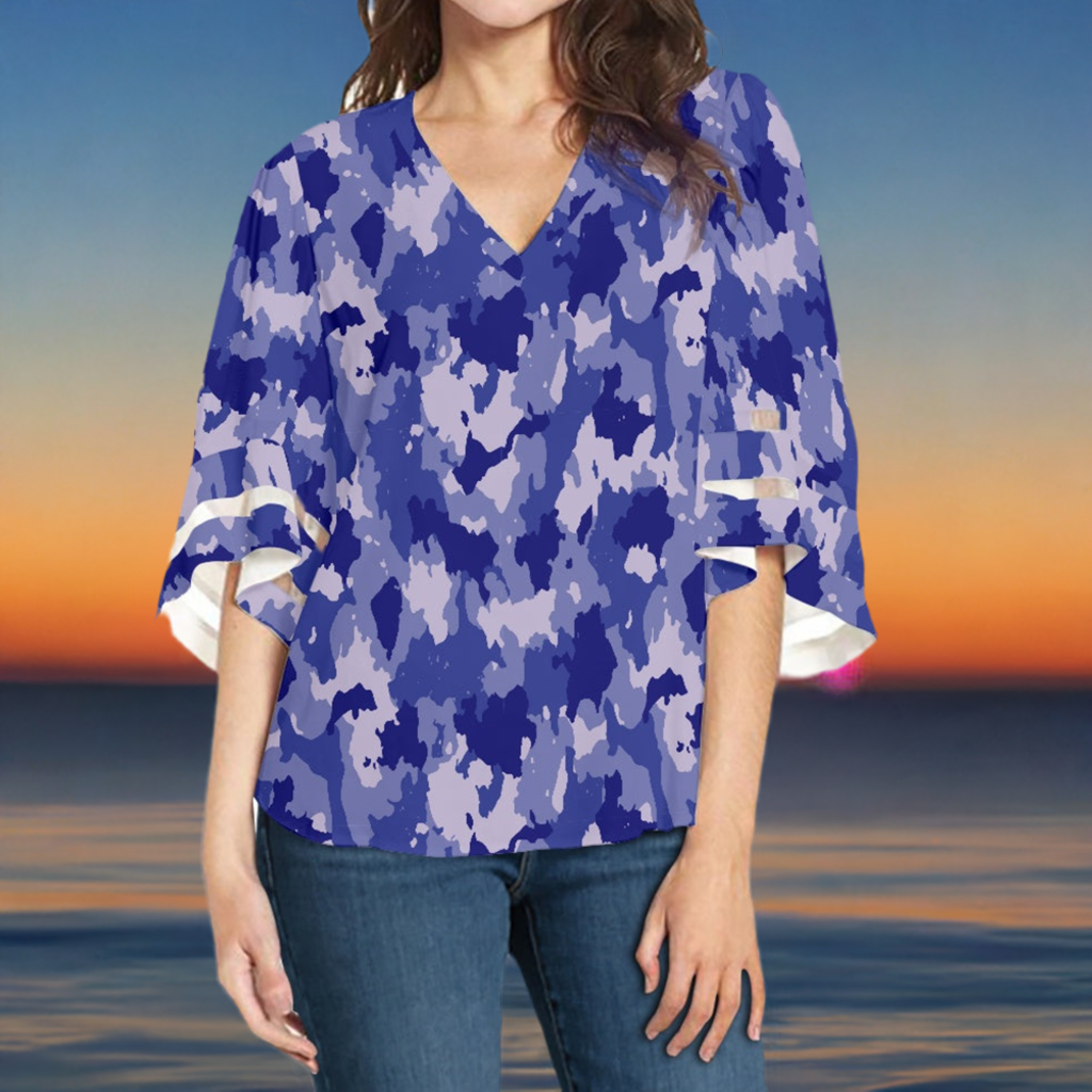 Blue Camo Women Puff Sleeve Blouse
