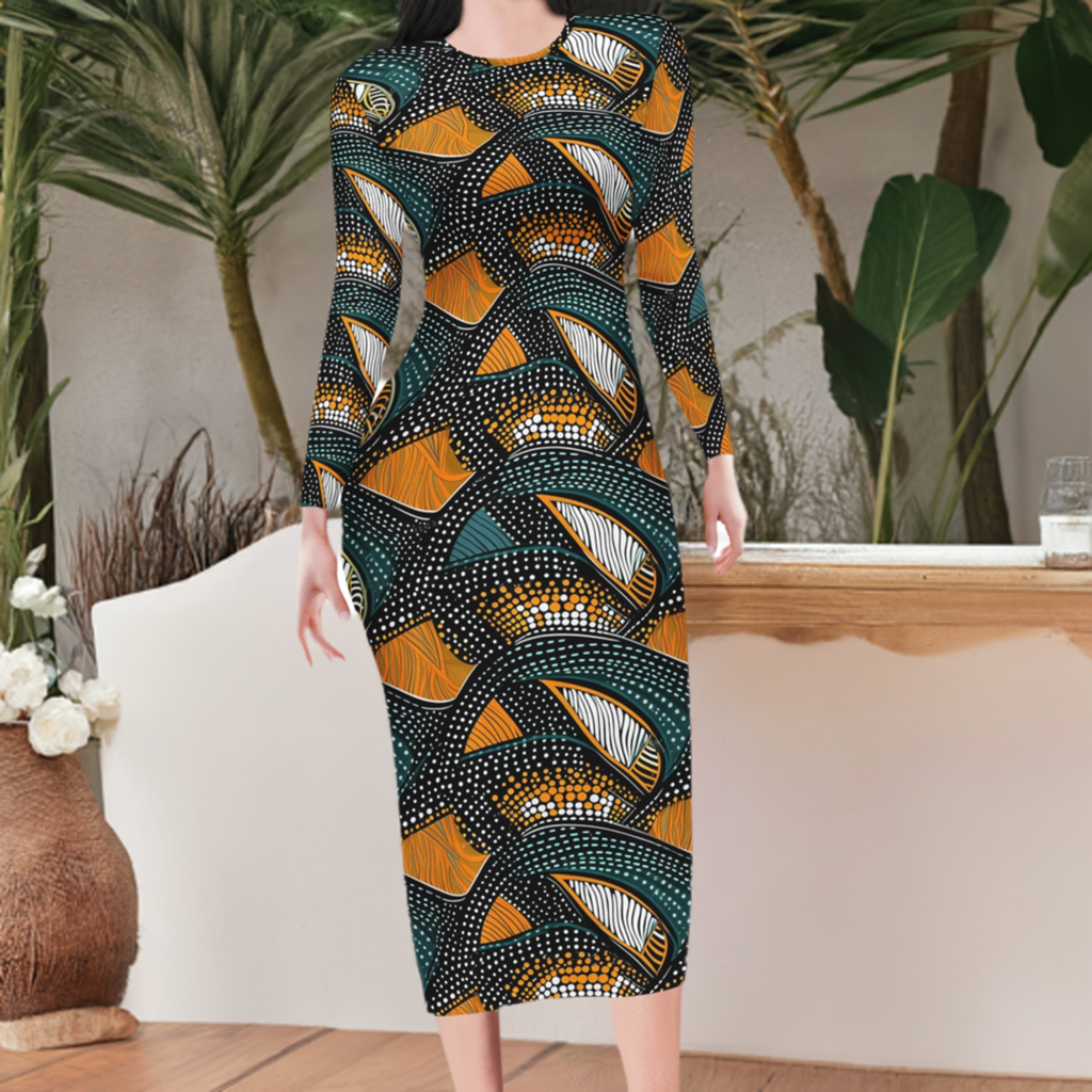 African Wave: Dark Aquamarine & Orange, Hand-Colored, Naturalistic Ocean Waves Women Bodycon Midi Sheath Dress