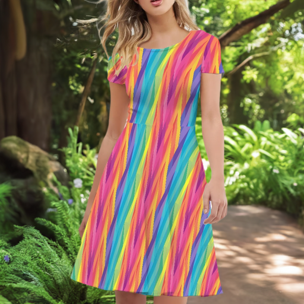 Rainbow Chevron Women Scoop Neck Short Sleeve Ruffle Dress
