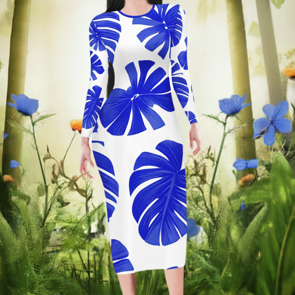 Blue Monstera on White Women Bodycon Midi Sheath Dress - up to 4XL