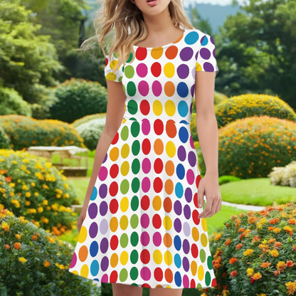 Rainbow Polka Dot Women Scoop Neck Short Sleeve Ruffle Dress