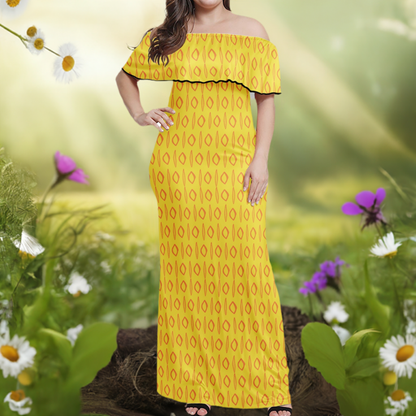 African Ethnic Mudcloth Yellow Women Off Shoulder Maxi Dress - Sizes up to 7XL