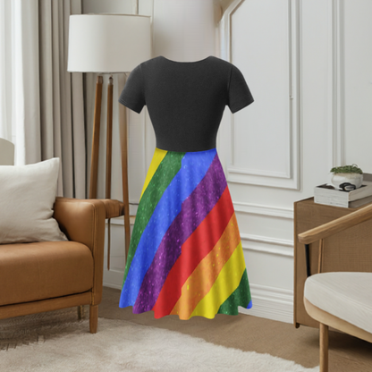 Custom LGBTQ Pride Black Dress with Ruffle Bottom - Handmade Eco-Friendly Fashion