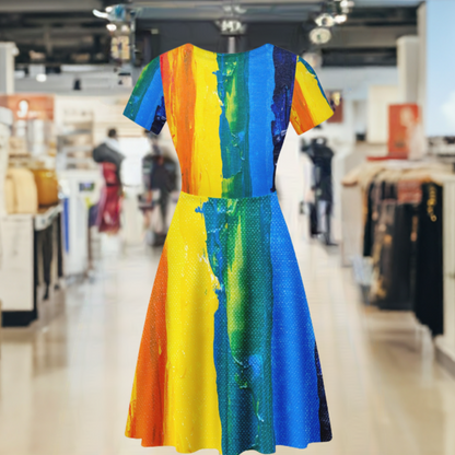 Rainbow Painting Women Scoop Neck Ruffle Dress