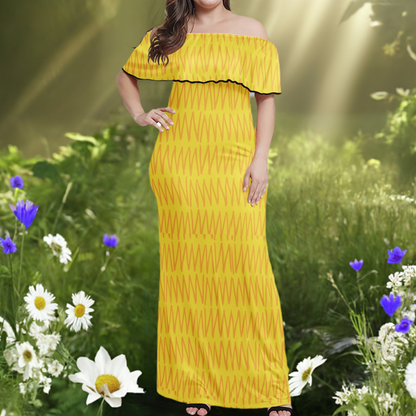 African Ethnic Mudcloth Yellow Women Off Shoulder Maxi Dress - Sizes up to 7XL