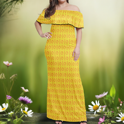 African Ethnic Mudcloth Yellow Women Off Shoulder Maxi Dress - Sizes up to 7XL