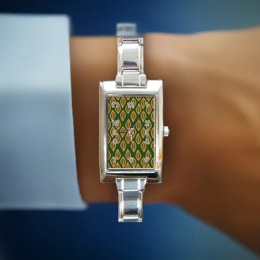 African | Ethnic | Mudcloth | #16 Green and Orange Rectangle Italian Charm Watch